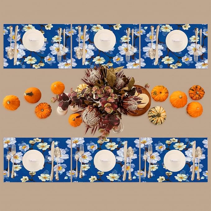 Placemats Set of 4 Heat-Resistant Rectangle Place Mats Painting Blue Flower Washable Plastic PVC Dining Table Mat Non-Slip Wipeable Woven Vinyl Placemat for Kitchen Patio Table Decor