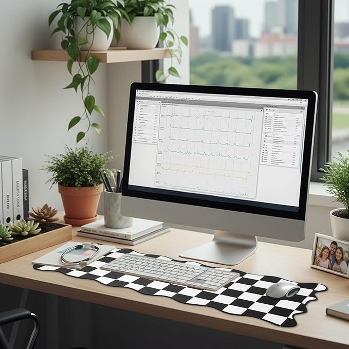 Copkim 1 Pcs Black Scalloped Checkered Desk Mat 31.5 x 11.8 Inch Large Cute Mouse Pad Computer Mat Non Slip Waterproof Rubber Base with Border Stitching Soft Keyboard Pad for Home Office Gaming Makeup