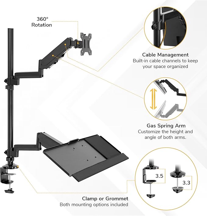 Mount-It! Sit-Stand Monitor Arm Desk Mount with Keyboard Tray, Single Monitor Fits Up to 32”, Height Adjustable Gas Spring, Full Motion Articulating Arm, Clamp or Grommet, Black