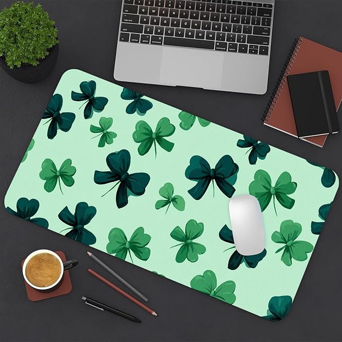 Green Bow Mouse Pad PU Leather Clover Desk Mat Large Waterproof Gaming Pad Non-Slip Keyboard Mouse Pad Writing Pad for Gamer Office&Home