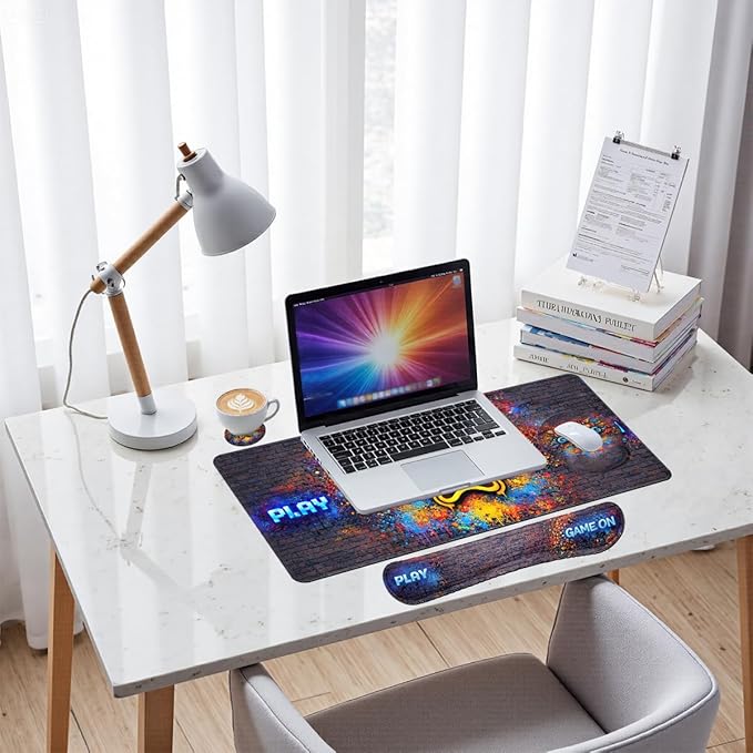 Gaming Desk Mat Set Neon Graffiti Do Not Disturb Large Mouse Pad with Wrist Rest 4in1 Desk Mat for Desktop Ergonomic Computer Desk Arm Wrist Anti-Slip Computer Mouse Pad Home Office Gaming