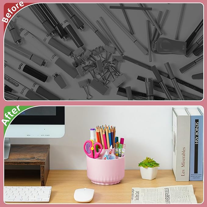 Marbrasse Desk Organizer, 360-Degree Rotating Pen Pencil Holder, Desk Organizers and Accessories with 5 Compartments Pencil Organizer, Art Supply Storage Box Caddy for Office, Home (Pink)