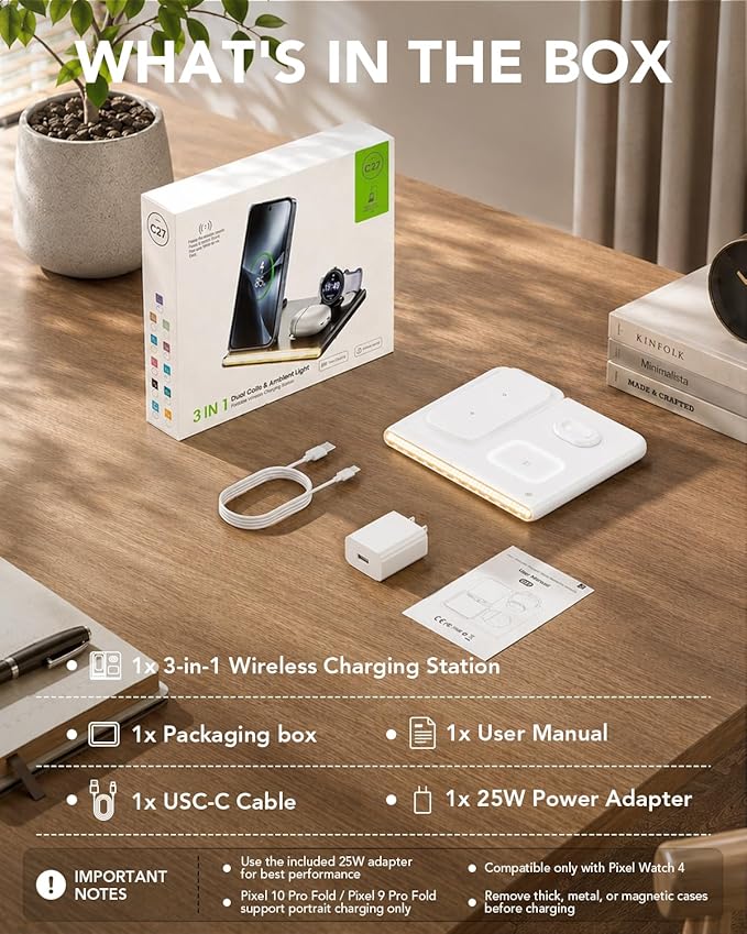 3 in 1 Foldable Charging Station for Google Pixel Watch 4, Wireless Charger for Google Pixel,Fast Wireless Charger Stand, Travel Charger for Pixel 10 Pro/Pro XL/Fold,Buds Pro 2(Only for Watch 4)