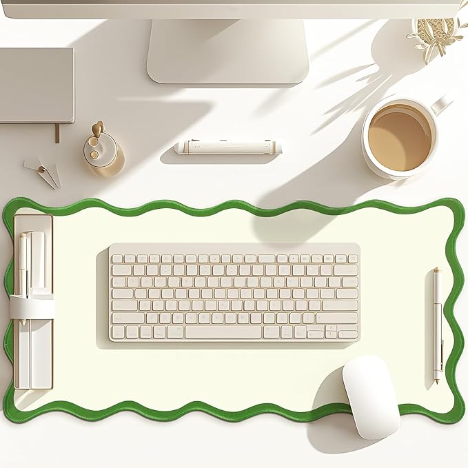 Hahafelt Scalloped Desk Mat Large Desk Pad Cute Coquette Table Mat Aesthetic Preppy Table Make up Pad Nonslip 2026 Graduation Gift with Stitching Waterproof Gaming(Green,31.5 x 15.8 Inches)