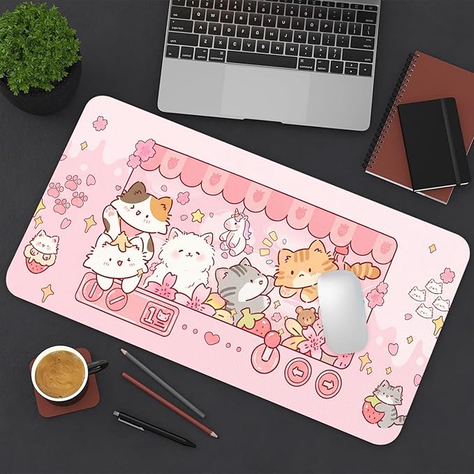 Cute Cat Desk Mat, Kawaii Claw Machine Large Mouse Pad for Desktop, PU Leather Waterproof Desk Pad, Anti-Slip Computer PC Laptop Protector Gaming Mouse Pads for Office Home Decorations