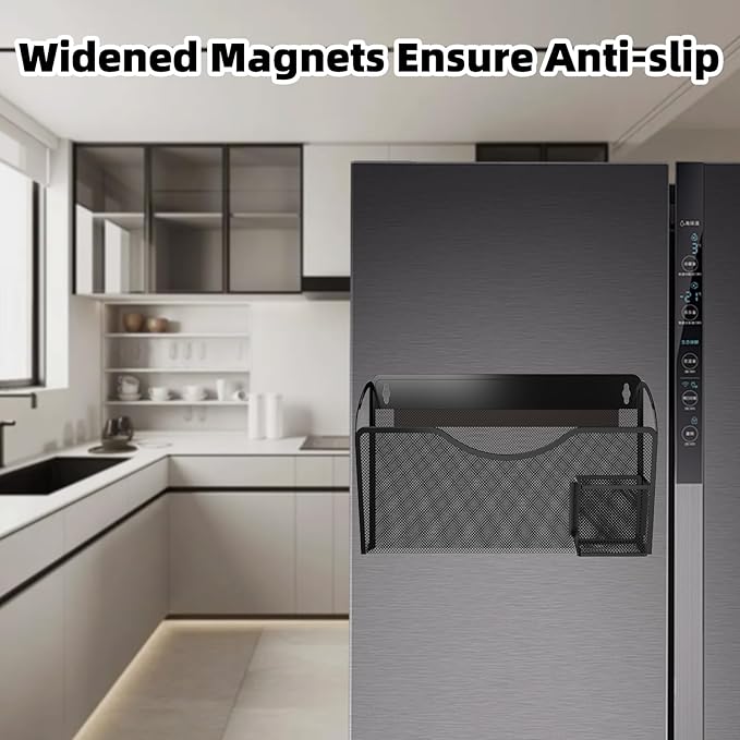 Magnetic File Holder 1 Pockets File Folder Organizer with Pen Holder, Office Hanging Magazine Rack for File Cabinets, Magnetic Paper Holder, No Drilling Mail Organizer for Refrigerator, Office (Black)