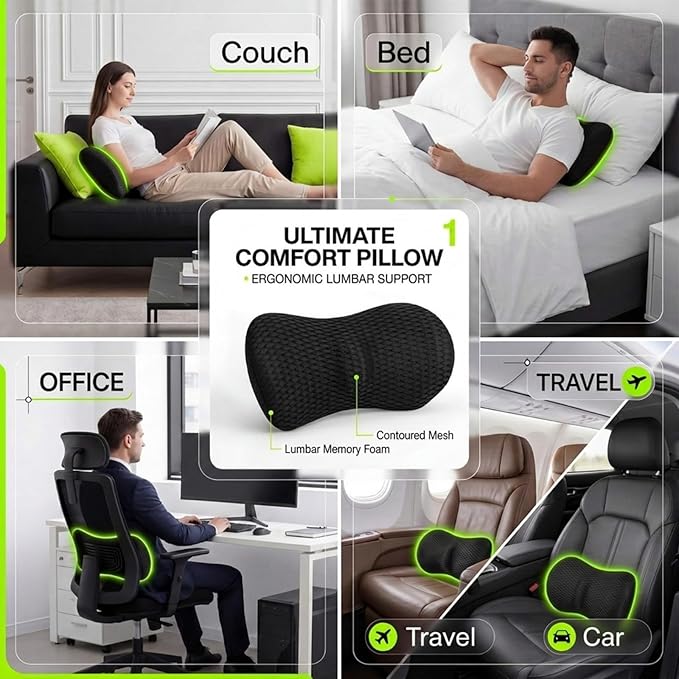 Wenqik 2 Pcs Lumbar Support Pillow Memory Foam Back Cushion Breathable Mesh Removable Washable Cover Ergonomic Design for Car Seat Lower Back Pain Relief Black Support Pillow Sitting Driving Traveling