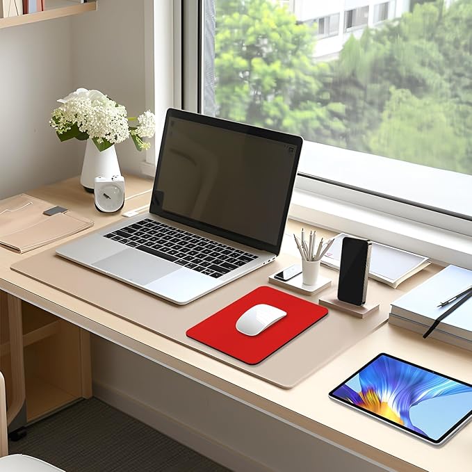 Leather Mouse Pad, Office Mouse Mat Non-Slip Rubber Base Stitched Edge Washable Waterproof Rectangular Mousepad for Office Gaming PC Laptop, 9.8" x 7.9", Bright Red
