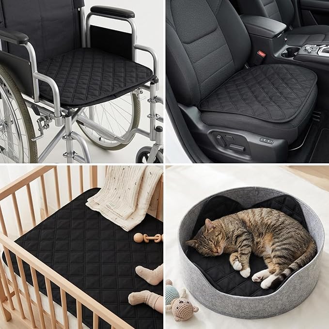 Kenaoeo 22 x 21 Inch Waterproof Chair Pads for Incontinence 4 Pack Reusable Washable Absorbent Seat Protector Pads Non Slip Wheelchair Accessories for Home and Travel, Black