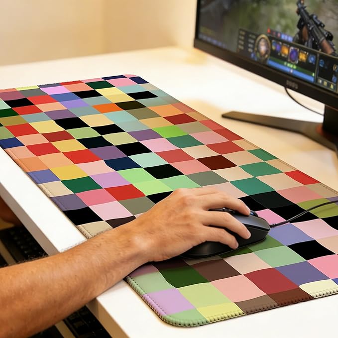 Colored Squares Mouse Pad,35.4 x 15.7 Inch Large Mouse Mat Non-Slip Rubber Stitched Edges for Writing Desk,Office,Home,Laptop