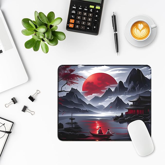 FreeNook Small Gaming Mouse Pad, Anime Black Mousepad with Stitched Edges, Expanded Cool Desk Mat, Japanese Red Moon Keyboard Mat Suitable for Home Office,10.2 X 8.3 Inch