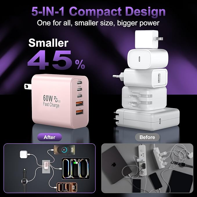 USB C Fast Wall Charger Block, 2Pack 60W USBC Charging Cubes, 5-Port PD+QC Power Adapter Multiport Brick Type C Box Plug for Phone 16/15/14/13/12/11/Pro Max/Plus, Pad Mini/Pro/S25/S24-Pink