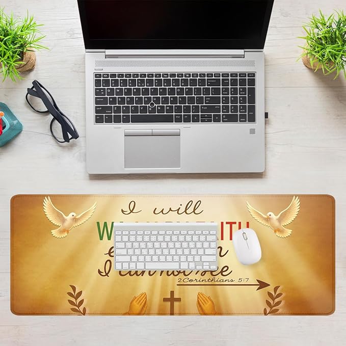 Christian Desk Mat Jesus Cross Faith Quote Walk by Faith XL Mouse Pad Large Mousepad Extended Laptop Keyboard Mat Gaming Desk Pad Mouse Mat 31.5"x11.8"