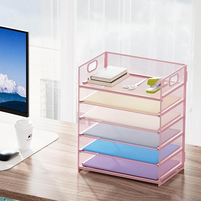 Marbrasse 2 Pack Desk Organizer with Handle, 6 Tier Paper Letter Tray, Mesh Desk File Organizer for Office, School and Home - Pink
