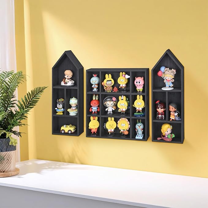 Ikee Design 3 Pcs Set Wooden Shadow Cubby Box Display Shelf Organizer Storage Shadow Box for Collectibles, Mini Figures, 17 compartments, Black Color, 22.8W x 2.4D x 15.7H in