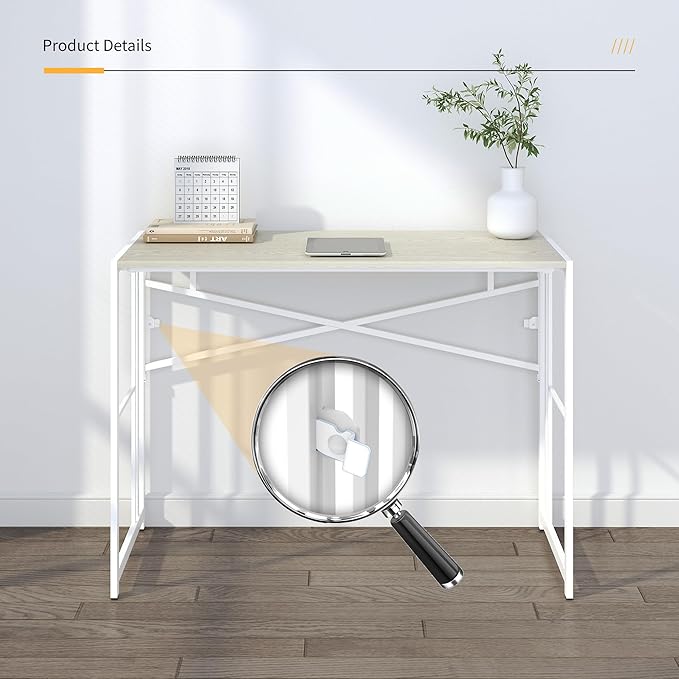 Lutown-Teen 40 inch Folding Desk, Writing Gaming Computer Camping Desk, No Assembly Required Home Office Table, Natural and White