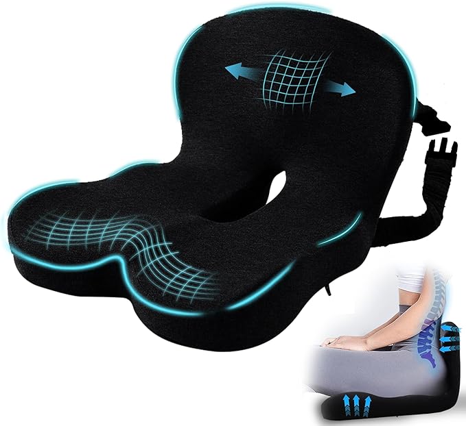 Ergonomic Seat Cushion with Adjustable Strap, Memory Foam Office Chair Seat Cushion with L-Shaped Design, Car Seat Cushion Fits for Truck Driver Semi Truck, Gaming Chair, Desk, Black