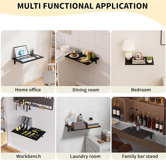 GOYLSER Wall Mounted Table Fold Down Workbench Length 25" Width 15.7", Laundry Floating Desk for the Garage/Shed/Office/Bar/Home Kitchen & Dining Room, Black
