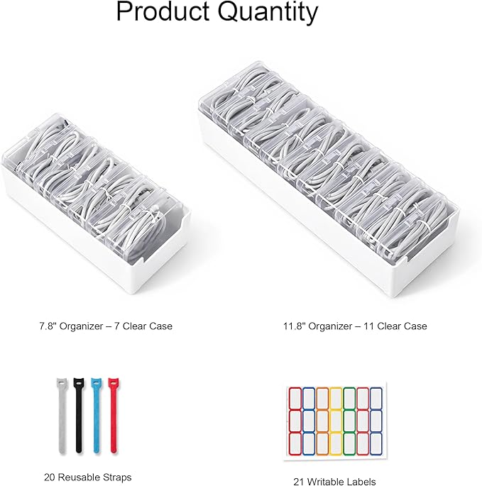 KUGUA 2 Pack Cable Organizer Box Set with 7 and 11 Clear Cases for Charging Cables, Chargers, Earphones and Small Accessories, Includes Cable Ties and Labels for Home, Desk and Drawer