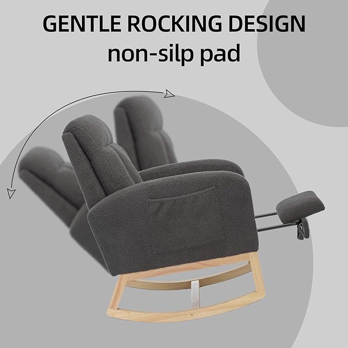 Nursery Rocking Chair with Foot Rest, Teddy Upholstered Nursery Glider Rocker Chair with Solid Wood Legs & 2 Side Pockets Comfy Armchair for Living Room Lounge Bedroom (C-Grey)