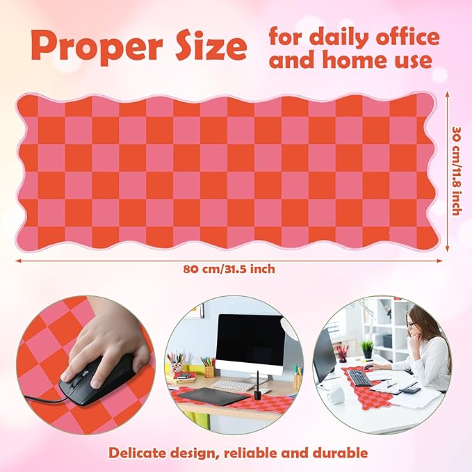 Copkim 1 Pcs Pink Orange Scalloped Checkered Desk Mat 31.5 x 11.8 Large Cute Mouse Pad Computer Mat Non Slip Waterproof Rubber Base with Border Stitching Soft Keyboard Pad for Home Office Game Makeup
