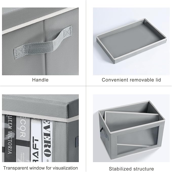 Homsorout Storage Bins with Lids - Fabric Closet Storage Bins with Window, Collapsible Baskets for Shelves 4 Pack, Home Decorative Boxes for Clothes, Closet, Office, Grey