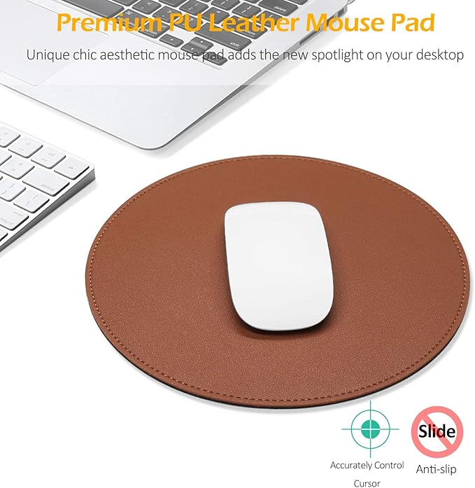 ProElife Premium Cute Round Mouse Pad Mat Waterproof PU Leather 8.66-Inch Mousepad with Anti-Skid Base Stitched Edge for Home Office Gaming Computer Laptop Accessories (Brown)