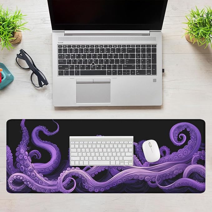 Octopus Tentacles Gaming Mouse Pad Ocean Purple Tentacles Waves Mousepad Extended Large Laptop Keyboard Non-Slip Rubber Base with Stitched Edges for Home 31.5x11.8 in