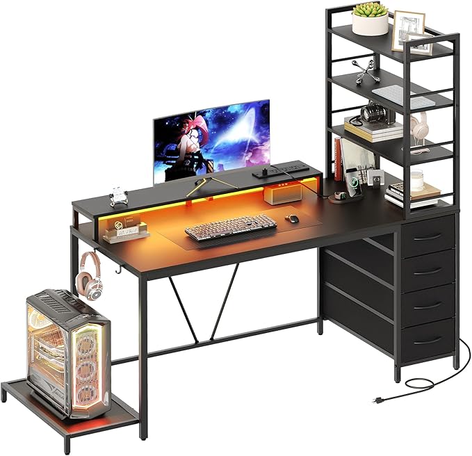 RALGEND Computer Desk with Shelves and Drawers, 43.3 Inch Gaming Desk with Charging Station and LED Lights, Desk Workstation with Monitor Stand and Storage for Home Office, Black
