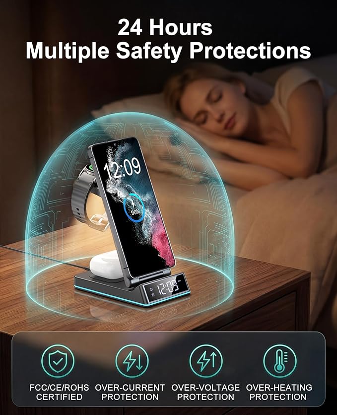 Wireless Charger for Samsung,7 in 1 Wireless Charging Station Foldable Fast Charger Stand with Night Light/Alarm Clock for Samsung Galaxy S26/S25/S24/S23/S22/S21/Galaxy Watch Ultra/8/7/6 Galaxy Buds