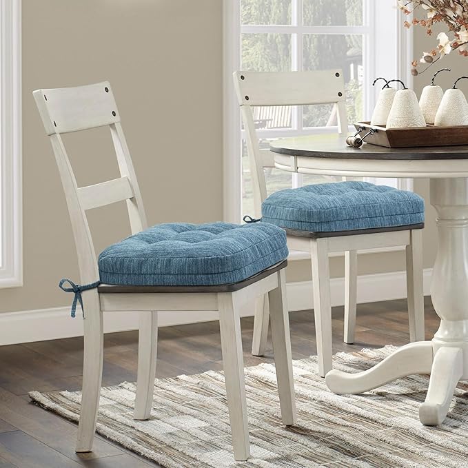 Shinnwa Dining Chair Cushions Set of 6, Dual-Layer Memory Foam Kitchen Chair Cushions, Patented Design Seat Pads with Ties, 16.5 x 16.5 x 3.5in, 6 Pack, Denim Blue
