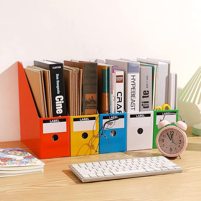 Foldable Desk File Holder Organizer Sturdy Cardboard Magazine Storage Box Document Rack with Blank Label Stickers for Home School Office (15, Multicolor)