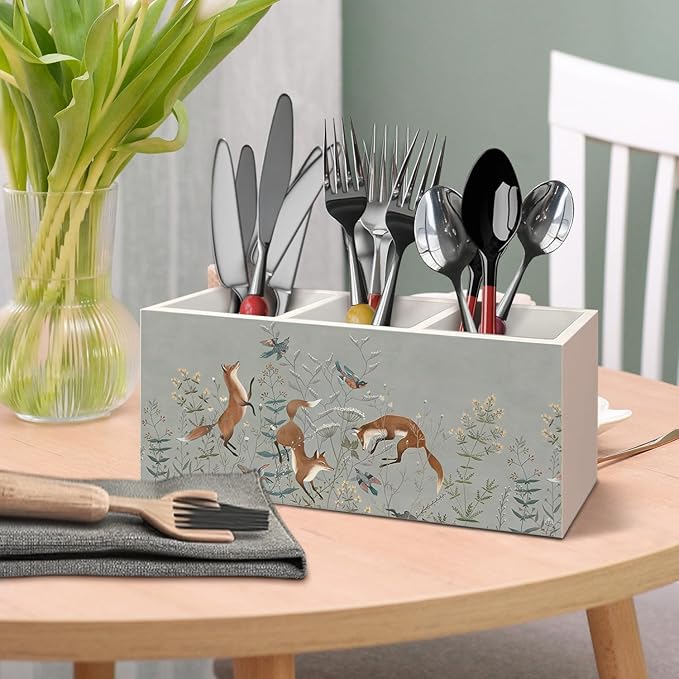 Vintage Fox Wooden Pen Pencil Holder for Desk Accessories, Fox Gifts for Women, Woodland Foxes and Birds Floral Botanical Wood Makeup Brush Toothbrush Holder Organizer for Vanity Bathroom