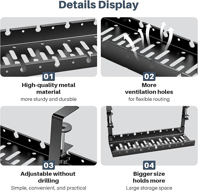 Under Desk Cable Management Tray, No Drill Clamp Mount, Metal Cord Organizer for Desk, Wire Management Rack for Home Office and Standing (Black)