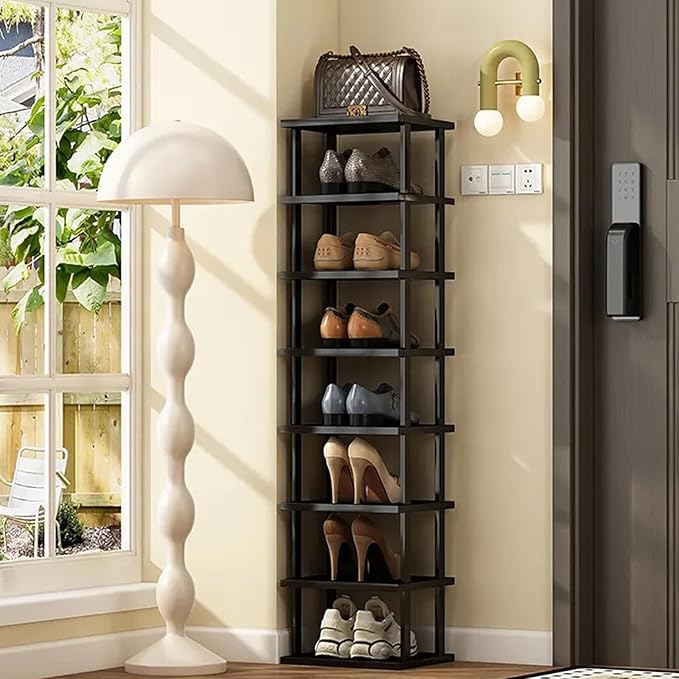 Vertical Shoe Rack - Tall Narrow Shoe Rack Organizer for Small Spaces,7 Tier Bamboo Shoen Shelf for Entryway,Closet,Corner,Doorway,Skinny Shoe Shelf Space Saving Shoe Storage,Free Stackable DIY