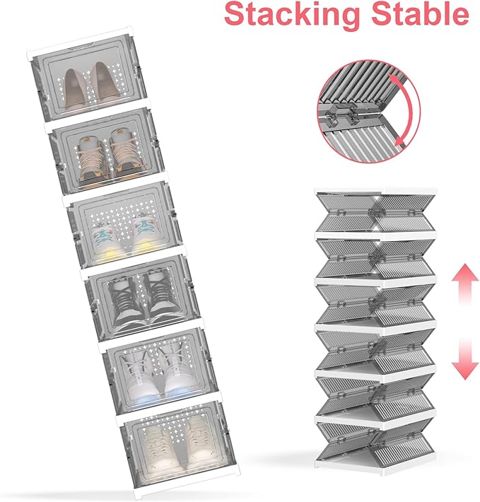 Foldable Shoe Storage Organizer, Stackable Boxes for Closet, Foldable Space-Saving Shoe Rack for Sneaker Boot Container, Acrylic Shoe Cabinet Shoe Box(6 Pack, Black