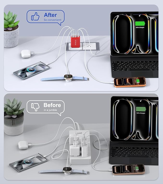 50W USB C Wall Charger, 2Pack 5-Port C Charger Fast Charging Block PD Power Adapter +QC 3.0 Multiport Type C Box Brick Cube USB A Wall Plug for iPhone 14/15/16/17 Pro Max, iPad,Samsung Galaxy(Red)