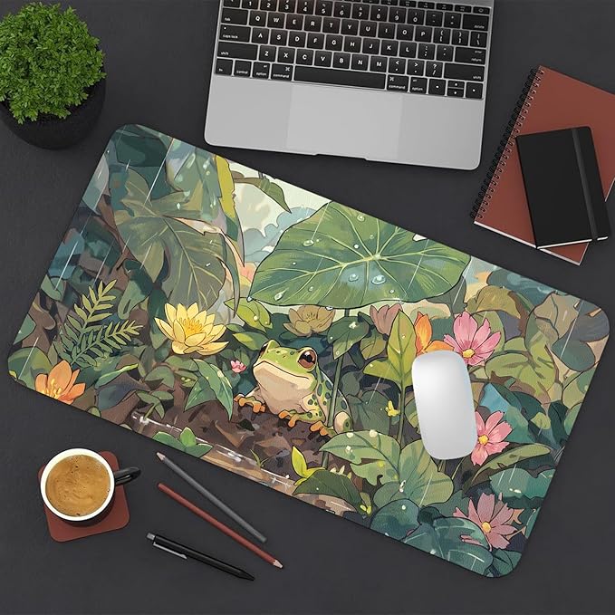 Cute Desk Mat, Anime Frog Large Mouse Pad for Desktop, PU Leather Waterproof Desk Pad, Anti-Slip Computer PC Laptop Protector Gaming Mouse Pads for Office Home Decorations (27.5" x 13.8")