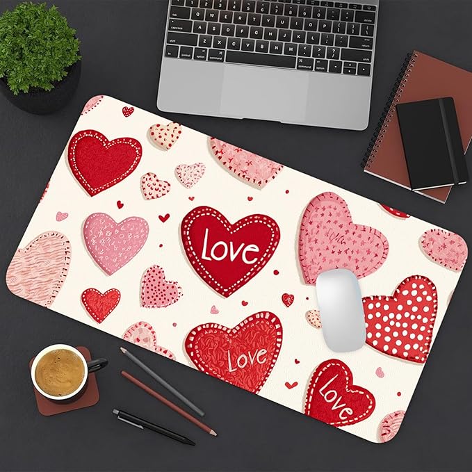 Valentine Desk Mat, Cute Love Heart Large Mouse Pad for Desktop, PU Leather Waterproof Desk Pad, Computer PC Laptop Protector Gaming Mouse Pads Valentine's Day Gifts for Her Him (23.6" x 11.8")