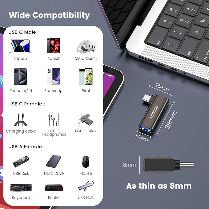MOGOOD 2-in-1 USB C OTG Adapter with 100W PD Charging, USB 3.0 Port, Right Angle for Galaxy S24, Quest 3, iPad, Chromecast, Pi-KVM – Data & Charge Simultaneously