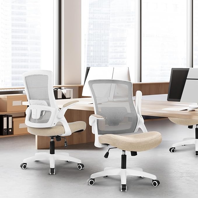 NEO CHAIR Office Desk Gaming Chair Computer High Back Mesh Seat with Rolling Wheels Ergonomic Adjustable Comfy Flip-up Armrests Lumbar Support Height for Home (Beige)