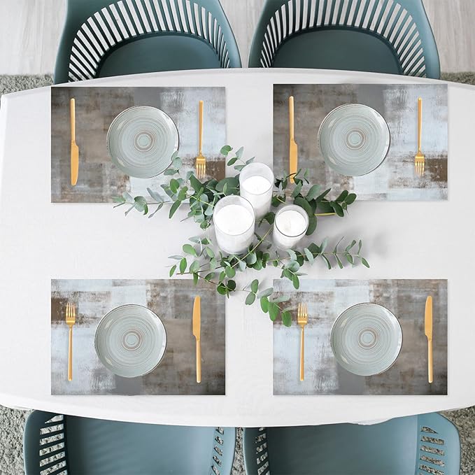 Placemats Set of 4 Grey Modern Abstract Art Washable Heat-Resistant Plastic PVC Table Mat Non-Slip Wipeable Woven Vinyl Place Mats for Outdoor Indoor Patio Dining Kitchen Dinner Table Decor