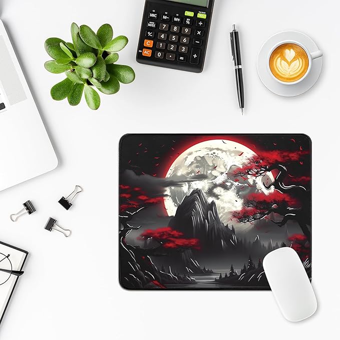 FreeNook Small Gaming Mouse Pad, Anime Black Mousepad with with Non-Slip Base, Expanded Cool Desk Mat, Mountain Moon Scenery Keyboard Mat Suitable for Home Office,10.2 X 8.3 Inch