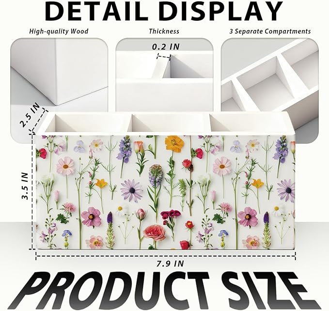 Floral Pen Pencil Holder for Desk Accessories, Cottagecore Colorful Wildflower Botanical Wooden Box Sign Decorations for Girls Room Bedroom Dorm Home Office Desk Tabletop