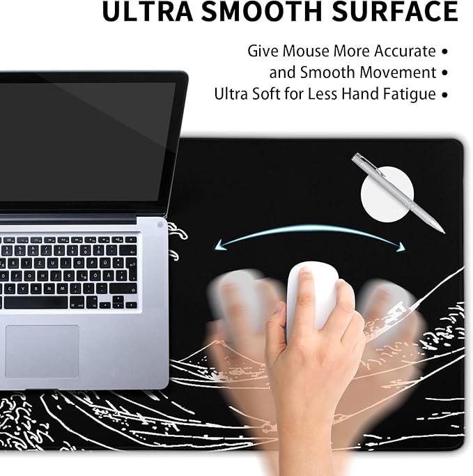 Black and White Japanese Sea Wave Mouse Pad,Extended Large Gaming Mouse Pads 31.5x11.8 in,Japanese Kanagawa Desk Mat,Laptop Mousepad Non-Slip Rubber MousePads for Office Home Travel