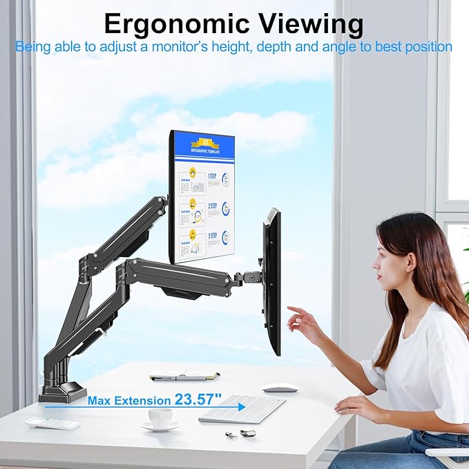 Dual Monitor Mount for Screens up to 43", Heavy Duty Ultrawide Dual Monitor Arm Holds 2.2-33lbs Each, Premium Gas Spring Adjustable Computer Monitor Stand for 2 Monitors, VESA Desk Mount