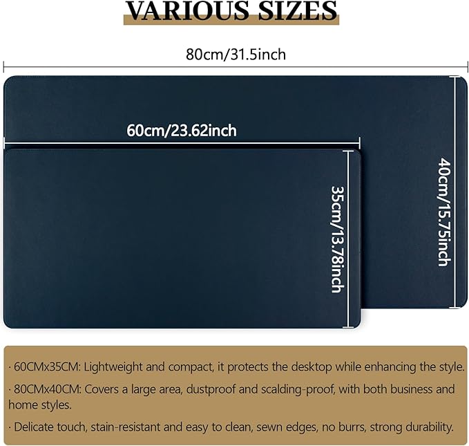 Dark Blue Leather Desk Mat Large Mouse Pad, Waterproof Desk Pad for Keyboard and Mouse, Non-Slip Computer Desk Protector, Smooth Mouse Movement Desk Mat for Home and Office(31.5"ร15.7")