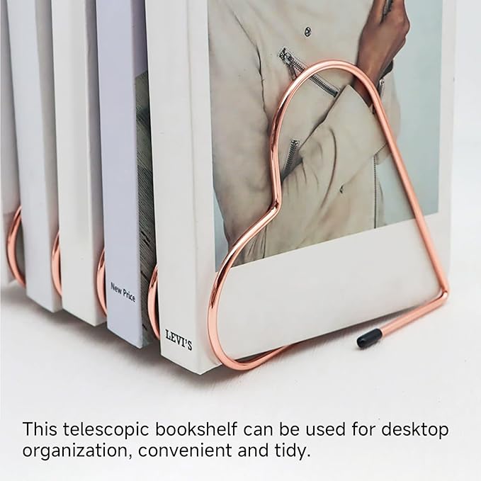 Folder Holder for Desk, Heart Shaped Desk File Organizer Vertical File Holder, 5 Slots Iron Gold File Holder, Telescopic Book File Organizer Stand for Desk File, Rose Gold