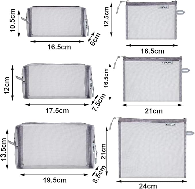 SUPACOOL Set of 6 Travel Mesh Makeup Bag, Cosmetic Organizer Pouches with Zipper, Diaper Organizing Pouches, Nylon Toiletries Bag for Women and Men(6pcs, Gray)