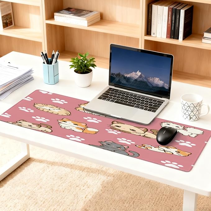 Large Mouse Pad Cute Animal Cat Non-Slip Rubber Long Gaming Desk Mat Big Computer Keyboard Mousepad Waterproof Protector Wristing Pad for Gaming Office Home Decorative 31.5 X 11.8 Inch